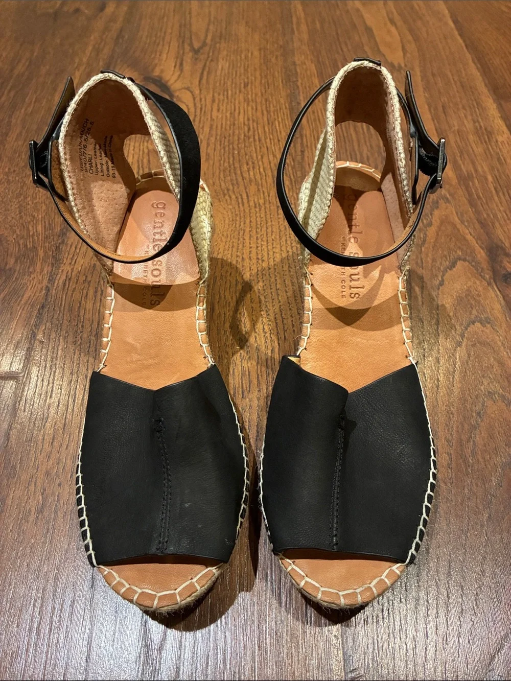 gentle souls Black Leather Espadrille Wedge Sandals with Ankle Strap